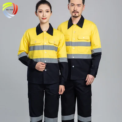 視認性の高い黄色の難燃性建設作業服、反射警告テープ付き作業シャツ